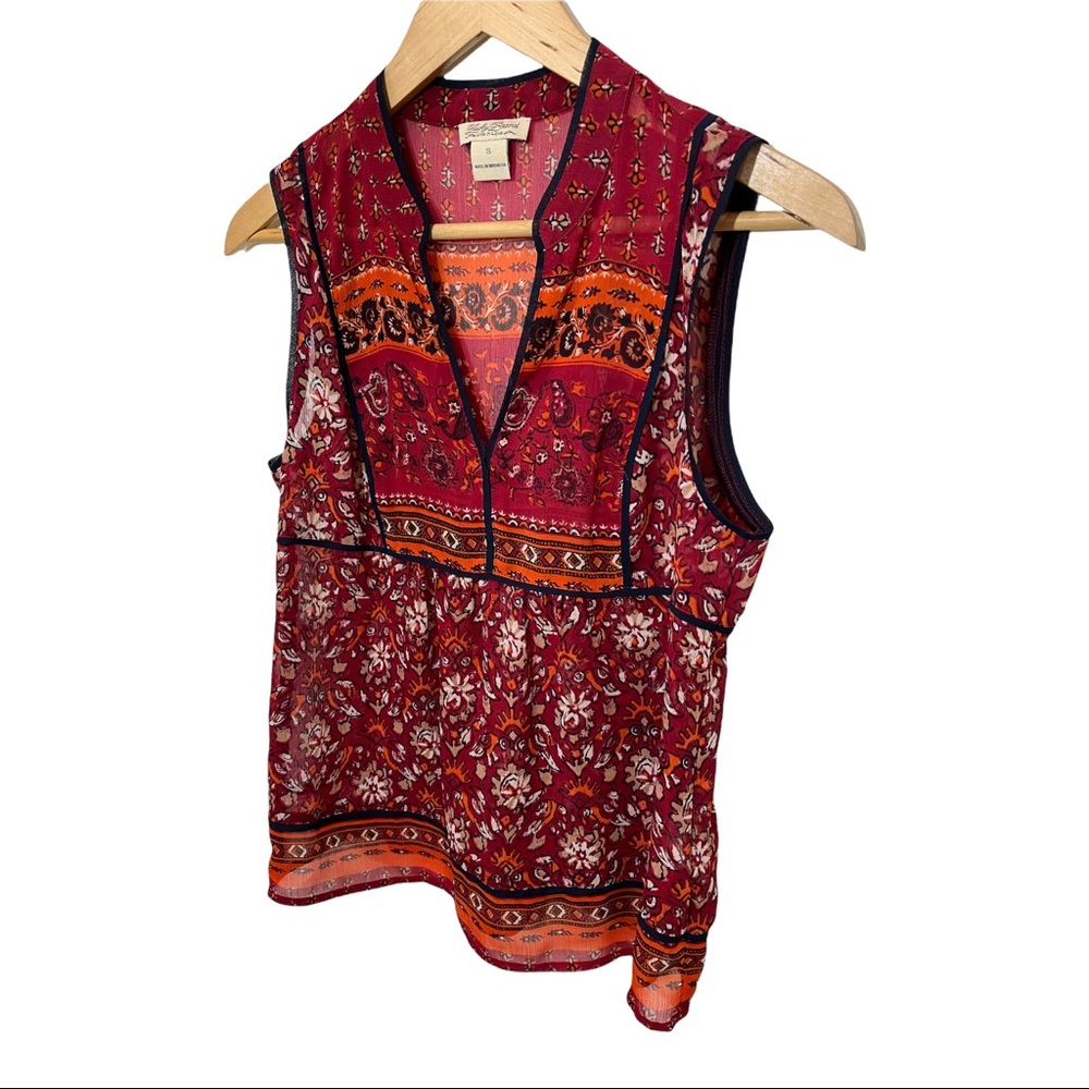 LUCKY BRAND BOHO FLORAL V-NECK RED ORANGE SLEEVELESS SHEER BLOUSE SIZE SMALL - Picture 4 of 16